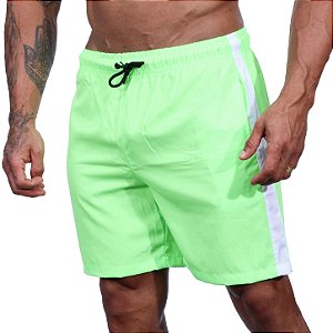 Short Tactel Listrado Elastic Masculino MXD Conceito 3 Bolsos Verde Fluorescente Neon Com Listra Branca