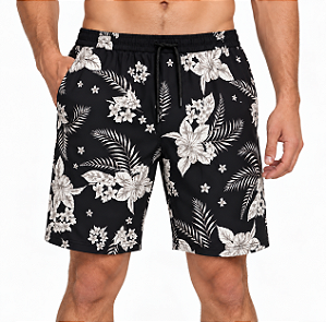 Bermuda Masculina Moletom MXD Conceito Preta Flores e Folhagem