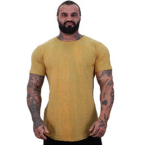 Camiseta Longline 100% Algodão Masculina MXD Conceito Lavado Estonado em Rolo Amarelo