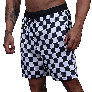 Bermuda em Tactel com Elastano Masculino MXD Conceito 3 Bolsos Xadrez Preto e Branco