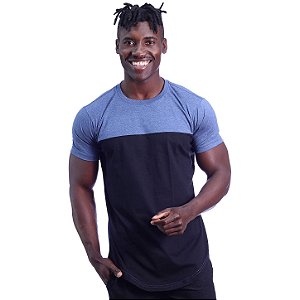 Camiseta Longline 100% Algodão Masculina MXD Conceito Bicolor Azul Petróleo e Preto
