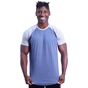 Camiseta Longline 100% Algodão Masculina MXD Conceito Raglan Cinza e Azul Petróleo