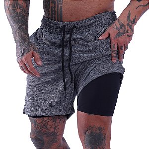 Bermuda Dupla 2 Em 1 Compressão com Suporte Toalha e Bolso Interno MXD Conceito Cinza Rajado