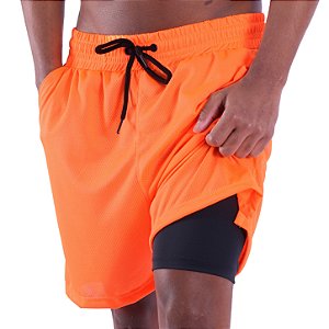 Bermuda Dupla 2 Em 1 Compressão com Suporte Toalha e Bolso Interno MXD Conceito Laranja