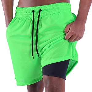 Bermuda Dupla 2 Em 1 Compressão com Suporte Toalha e Bolso Interno MXD Conceito Verde Claro
