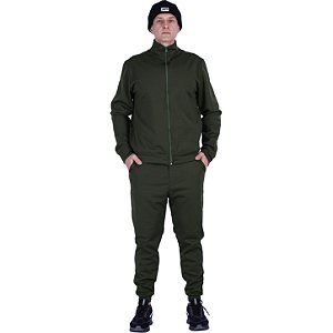 Conjunto Agasalho Em Helanca Peluciada 100% Poliéster Com Bolso e Gola Alta Verde Militar