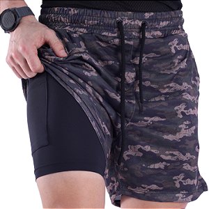 Bermuda Dupla 2 Em 1 Compressão com Suporte Toalha e Bolso Interno MXD Conceito Camuflado Verde Militar