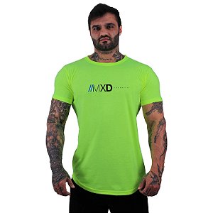 Camiseta Longline Masculina Estampado MXD Conceito Logo Centralizada Amarelo Fluorescente