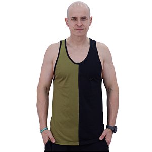 Regata Cavada Masculina Bicolor MXD Conceito Lisa Verde Militar e Preto Meio-a-Meio