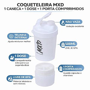 Coqueteleira Duas Doses + Porta Comprimido Academia MXD Conceito Branco 500ML