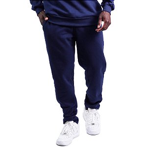 Calça Peluciada em Moletom Masculina Sem Punho MXD Conceito Bolso Lateral Azul Marinho
