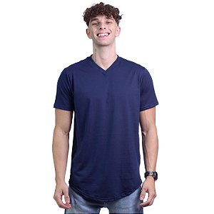 Camiseta Longline Decote V Masculina MXD Conceito 100% Algodão 30.1 Penteado PIMA-USA Azul Marinho