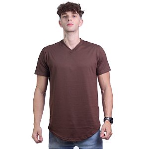 Camiseta Longline Decote V Masculina MXD Conceito 100% Algodão 30.1 Penteado PIMA-USA Marrom