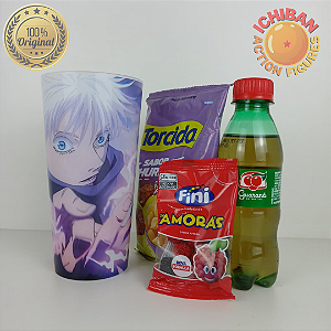 COPO JUJUTSU KAISEN SOTAORU GOJO VAZIO ROXO ICHIBAN ACTION FIGURES + SNACKS PACOTE BLACK
