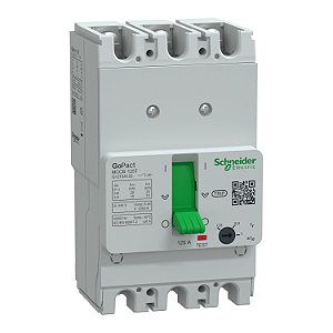 Disjuntor, GoPact MCCB 125, 3 polos, 10kA a 415VAC, classificação 125A, unidade de disparo TMD, proteção térmica ajustável - G12T3A125
