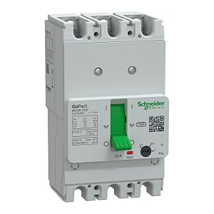 Disjuntor, GoPact MCCB 125, 3 polos, 10kA a 415VAC, classificação 20A, unidade de disparo TMD, proteção térmica ajustável - G12T3A20