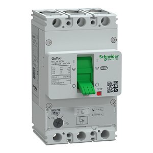 Disjuntor, GoPact MCCB 200, 3 polos, 25kA a 415VAC, classificação 200A, unidade de disparo TMD, proteção térmica ajustável - G20B3A200