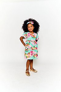 VESTIDO PINCELADA DE FLORES VERDE E ROSA - Alphabeto