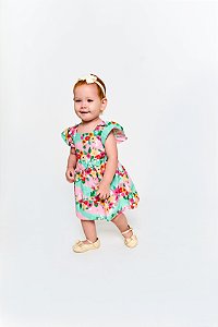 VESTIDO E CALCINHA PINCELADA DE FLORES VERDE E ROSA  - Alphabeto