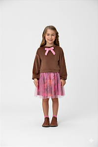 VESTIDO MARRON PLUSH C TULE ROSA - MON SUCRÉ