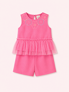 CONJ SHORT E BLUSA ROSA BORDADA FLORES 064 - MON SUCRÉ