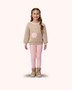 CONJ MOLETON CALÇA ROSA CASACO BEGE FLOR 018 - MON SUCRÉ