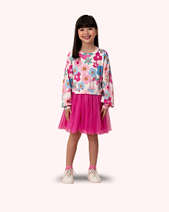 VESTIDO PLUSH SAIA TULE PINK COM FLORES - MON SUCRÉ