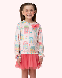 CONJUNTO SAIA TULE PESSEGO E MOLETON PLUSH CASINHAS - MON SUCRÉ