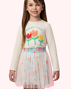 CONJUNTO SAIA TULE CREME BLUSA FLOWER TIME - MON SUCRÉ