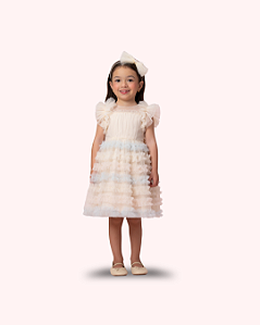 VESTIDO INVERNO BEGE COM FRUFRU DE TULE COLORIDOS - PETIT CHERIE