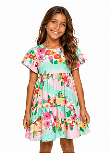 VESTIDO PINCELADA DE FLORES VERDE E ROSA