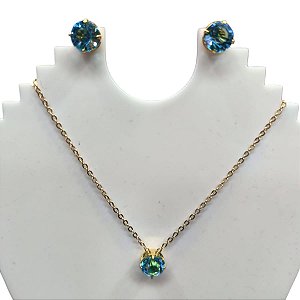 conjunto colar e brinco folheado ouro 18k zirconia redonda azul topazio