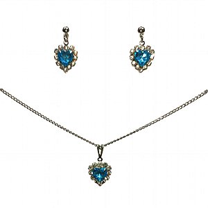 Colar e Brinco em Formato de Coração com Zircônia Azul Topázio e strass
