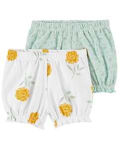 Roupa Infantil Menina Carters Kit 2 Shorts Verde e Amarelo Flores"