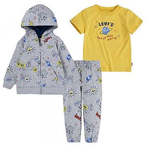 Roupa Infantil Menino Levis Conj 3 Pçs Moletom Cinza Camiseta Amarela