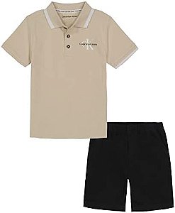 Roupa Infantil Menino Calvin Klein Conj 2 Pçs Camiseta Polo Bege Bermuda Preta