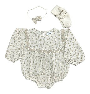 Body Wonderluxe Bege Flores + Meia e Laço – Kit Luxo Bebê Menina