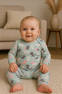 Conjunto Infantil Menina Dadomile Body Verde Gatinho Modal – 2 Peças