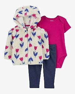 Conjunto Infantil Menina Carter’s 3 Peças Jaqueta Sherpa Flores
