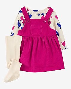 Conjunto Infantil Menina Carter’s 3 Peças Salopete Veludo Tulipas
