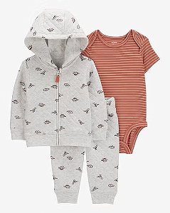 Conj Carter’s 3 Pçs Dino Cinza Jaqueta e Calça Bebê Menino