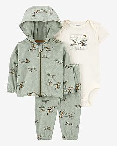 Conjunto Infantil Carter’s Menino Jaqueta Verde Avião 3 Peças
