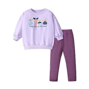 Conjunto Infantil Menina Little – Moletom Lilás Vegetais 2 Peças