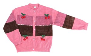 Cardigan Infantil Menina Little – Rosa e Marrom com Pérolas