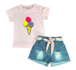 Conjunto Infantil Menina 2 Peças – Camiseta Sorvete e Shorts Jeans