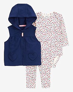 Conjunto Infantil Menina Carter’s 3 Peças Colete Azul Marinho Floral
