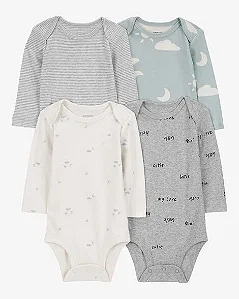 Kit 4 Bodys Carter’s Manga Longa Azul Nuvem – Bebê Menino
