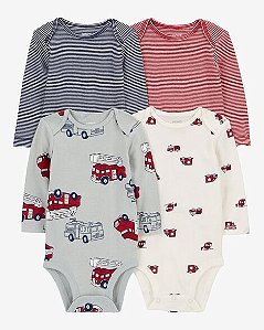 Kit 4 Bodys Carter’s Manga Longa Bombeiro – Bebê Menino