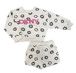 Conjunto Infantil Menina DKNY 2 Peças – Moletom e Shorts Cinza Flor