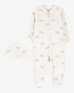 Macacão e Touca Bebê 2 Peças Algodão Elefante com Zíper